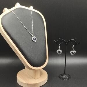 925 Silver Purple Lab Amethyst Necklace Earrings Set Valentine's Birthday Gift